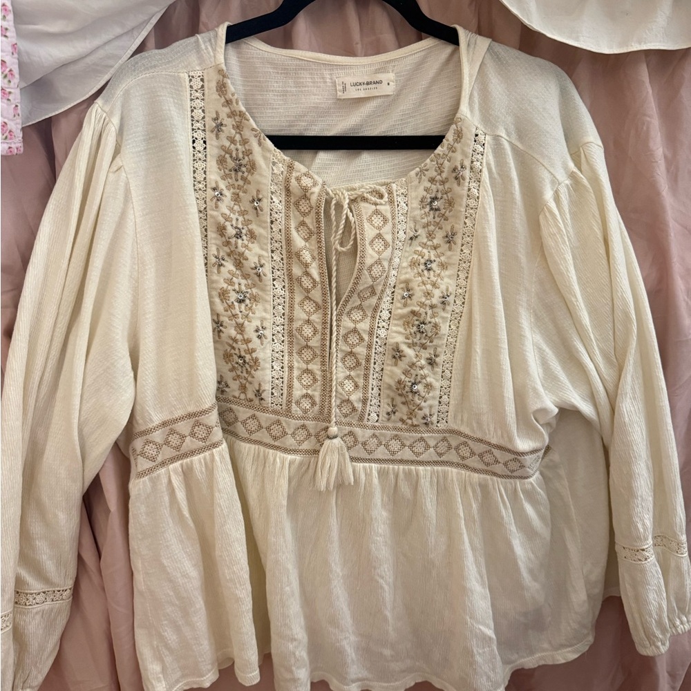 Lucky Brand Cream Floral Embroidered Blouse